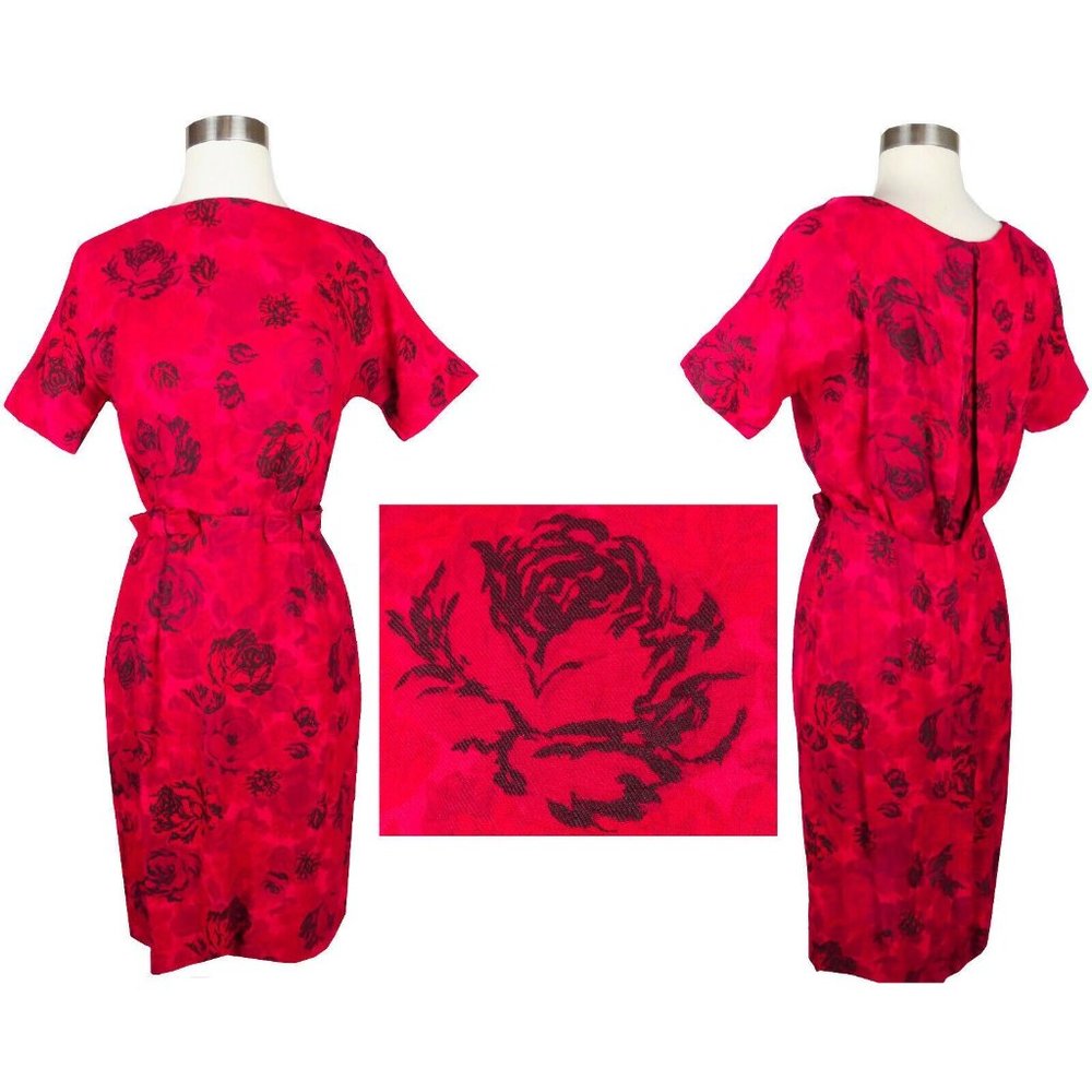 Vintage 50s 60s Red Black Rose Floral Print Sheath Party Dress XS S Valentines